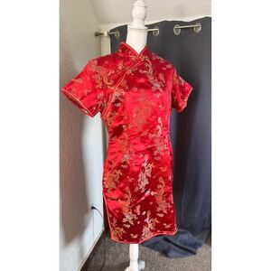 Jin Hon Red Dragon Phoenix Satin Qipao Cheongsam Dress Mandarin Collar Size 48